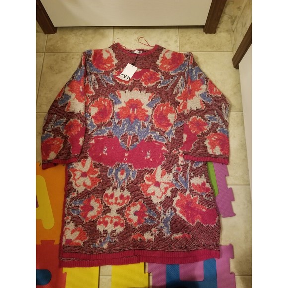 NWT Zara S red floral jacquard tunic long sweater oversize - Picture 10 of 14